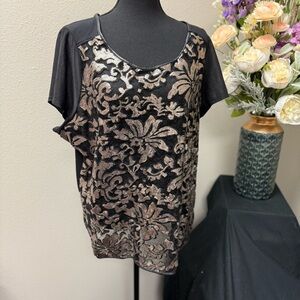 Lane Bryant Plus 18/20 Black Metallic Floral Sequin Embroidered Top Faux Leather